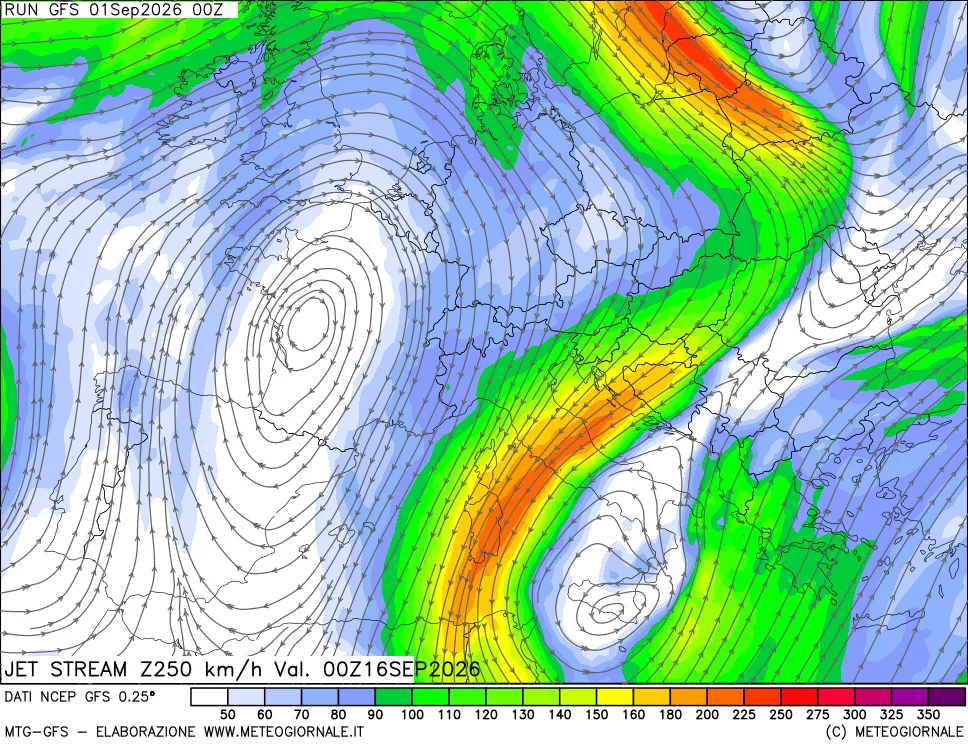 mappa 250 hPa Jet stream