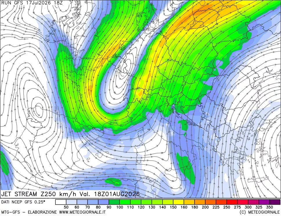 mappa 250 hPa Jet stream
