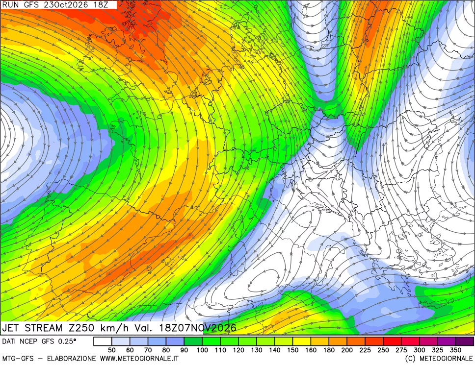 mappa 250 hPa Jet stream