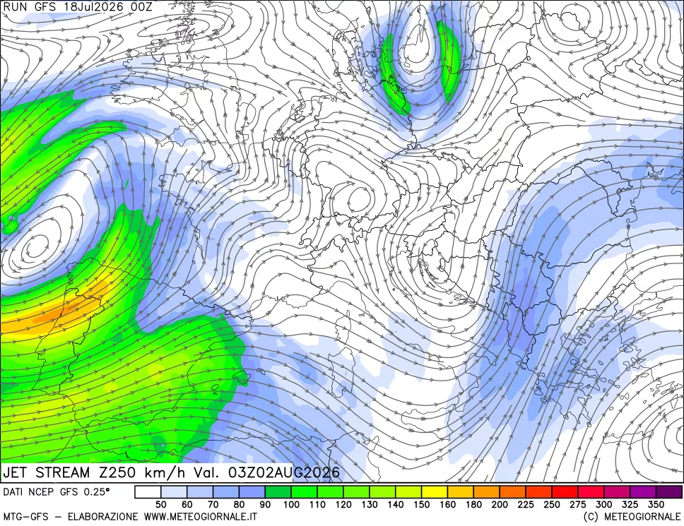 mappa 250 hPa Jet stream