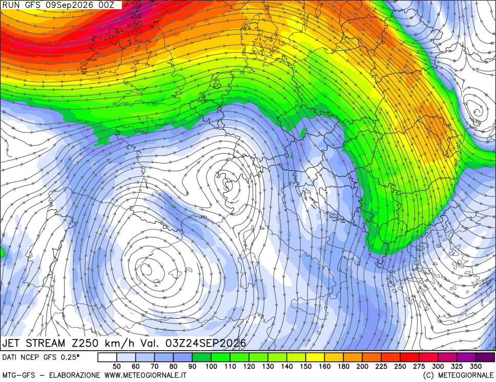 mappa 250 hPa Jet stream
