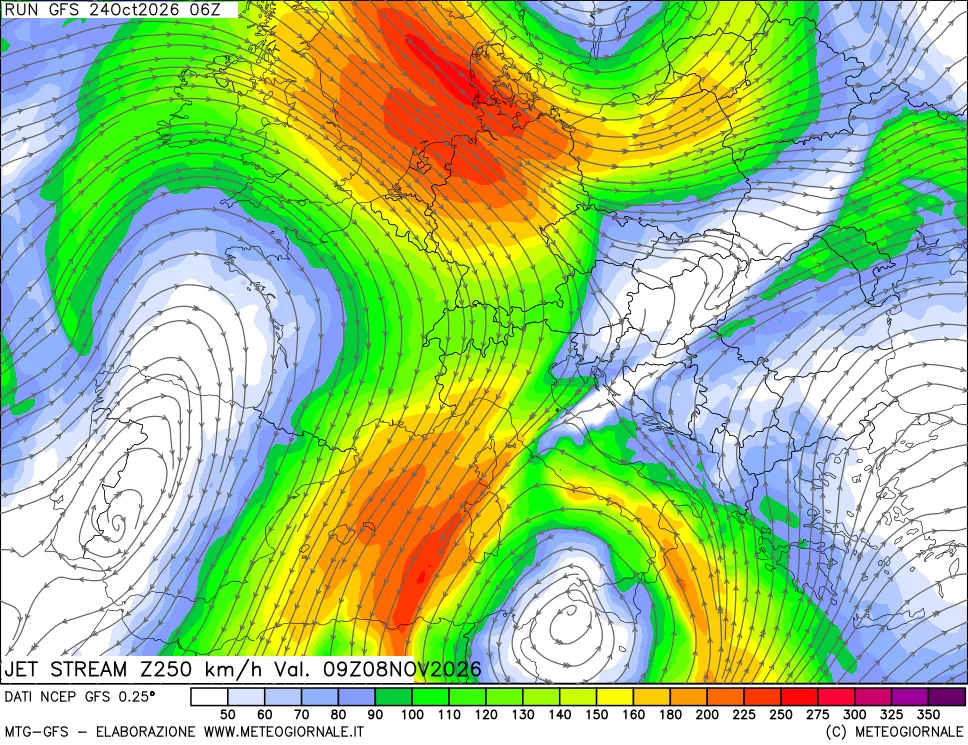 mappa 250 hPa Jet stream