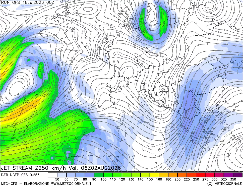 mappa 250 hPa Jet stream