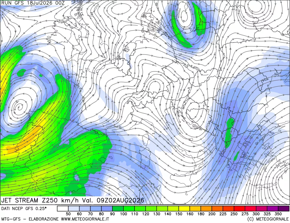 mappa 250 hPa Jet stream