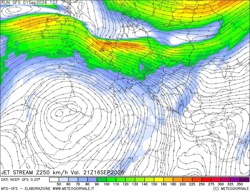 mappa 250 hPa Jet stream