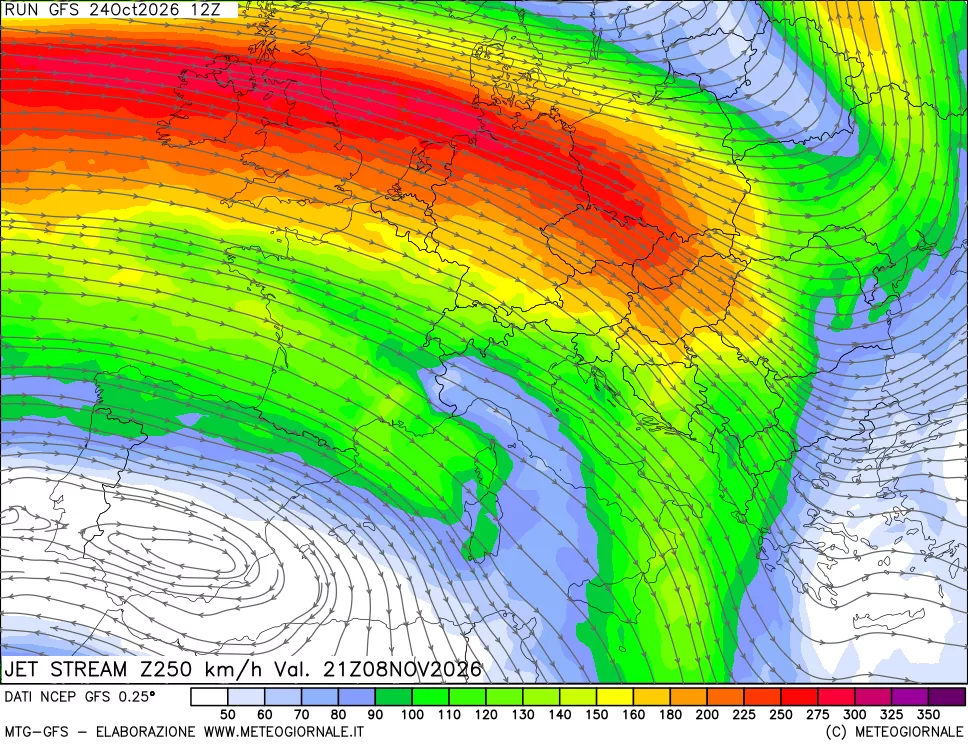 mappa 250 hPa Jet stream