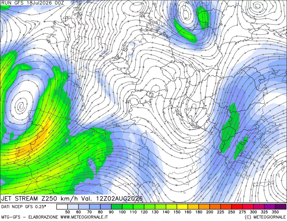 mappa 250 hPa Jet stream