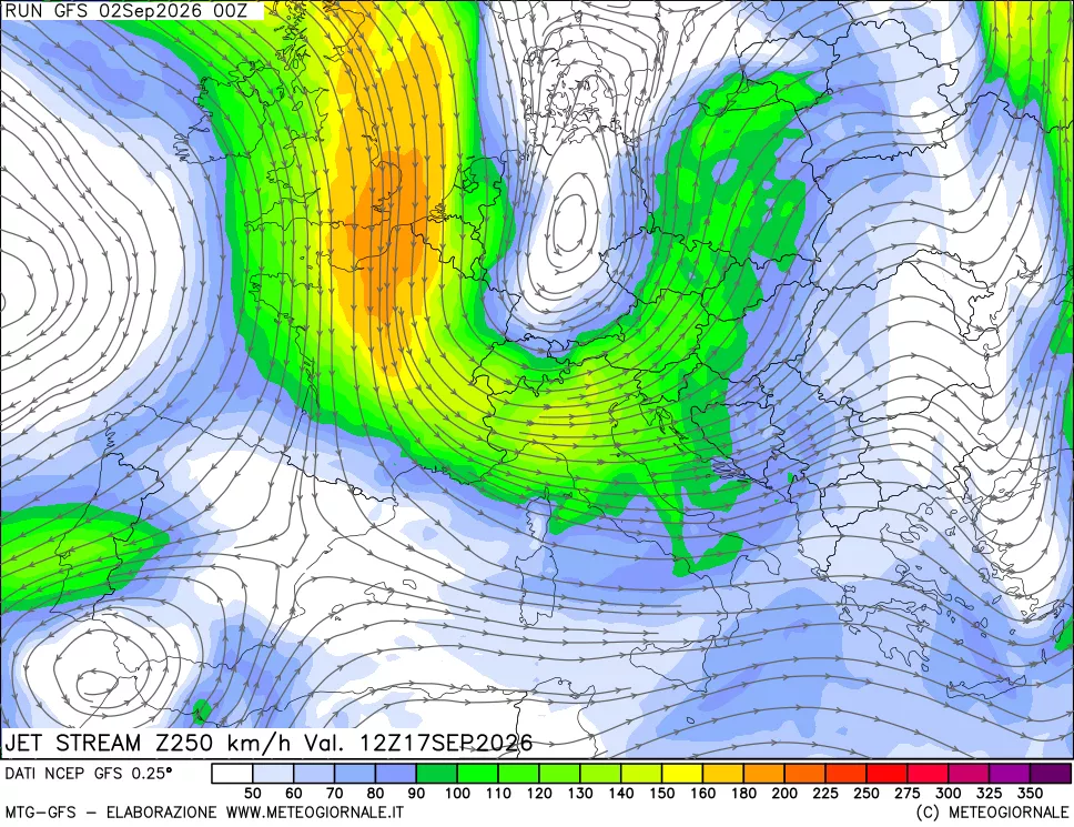 mappa 250 hPa Jet stream