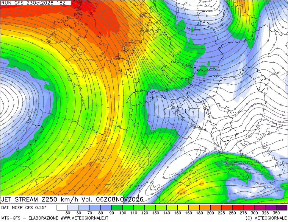 mappa 250 hPa Jet stream