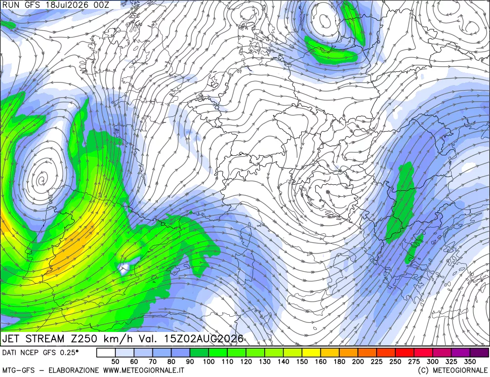 mappa 250 hPa Jet stream