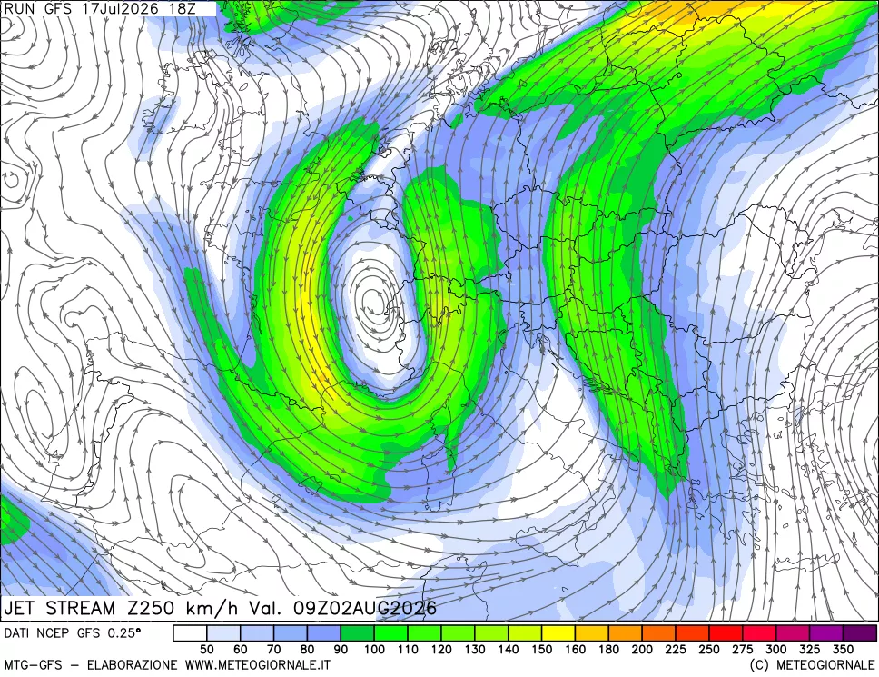 mappa 250 hPa Jet stream