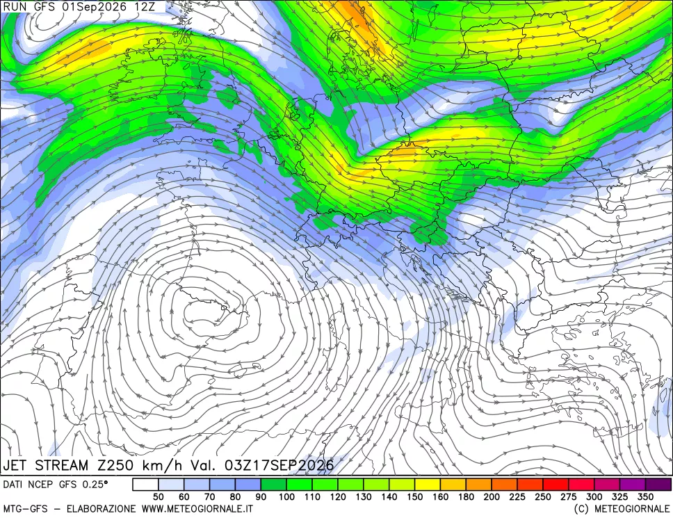 mappa 250 hPa Jet stream