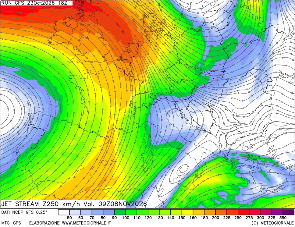 mappa 250 hPa Jet stream
