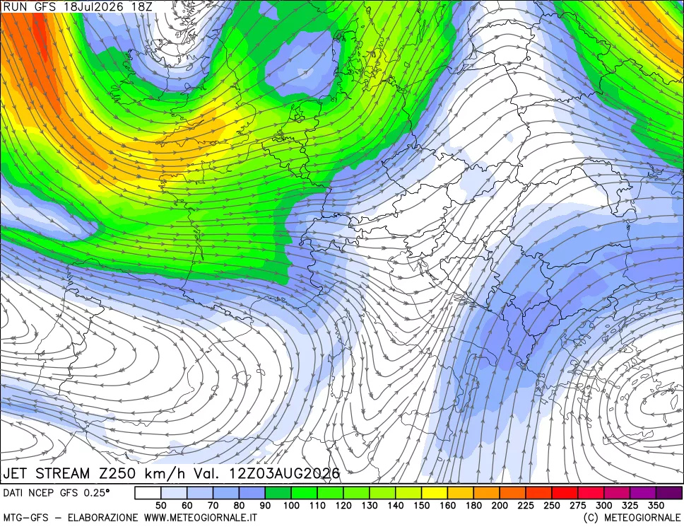 mappa 250 hPa Jet stream