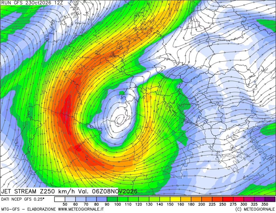 mappa 250 hPa Jet stream