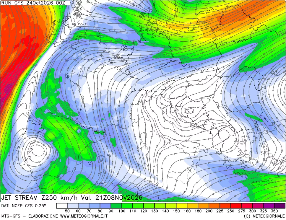 mappa 250 hPa Jet stream