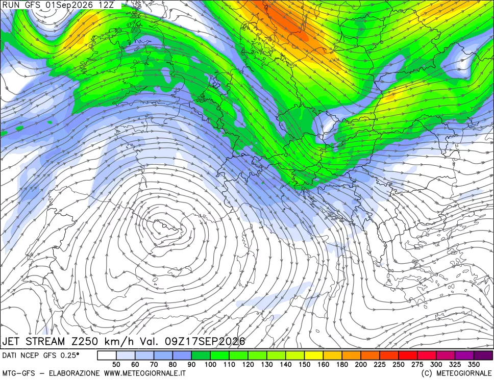 mappa 250 hPa Jet stream