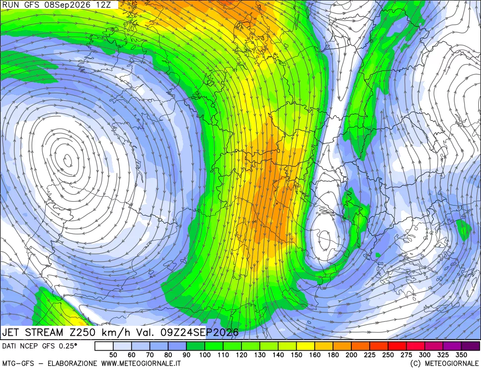 mappa 250 hPa Jet stream
