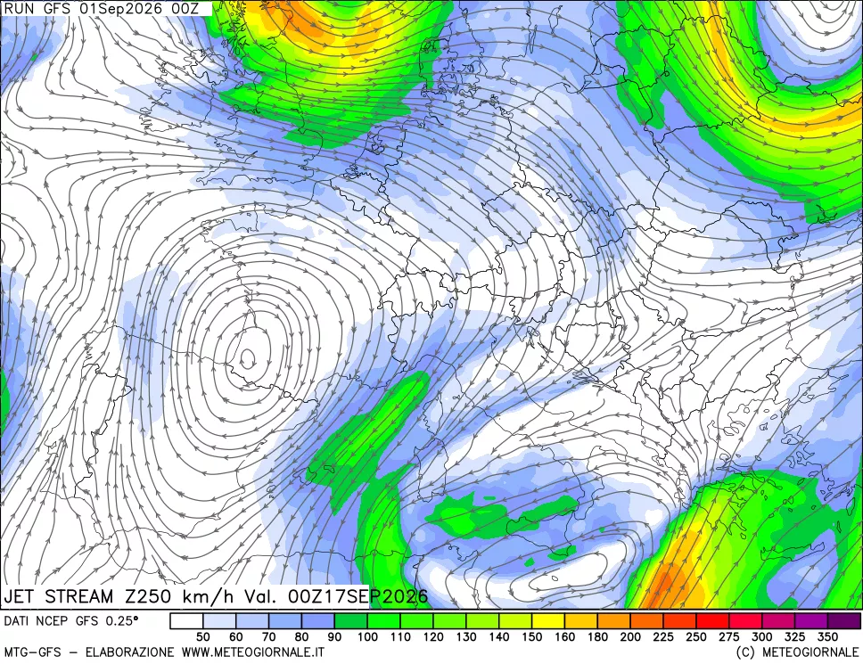 mappa 250 hPa Jet stream