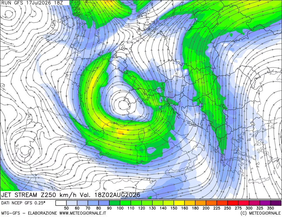 mappa 250 hPa Jet stream