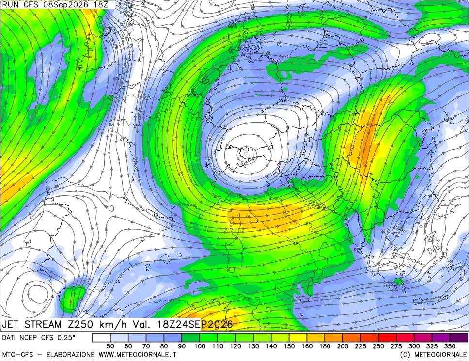 mappa 250 hPa Jet stream