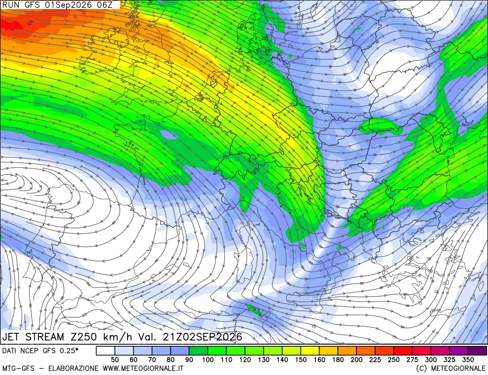 mappa 250 hPa Jet stream