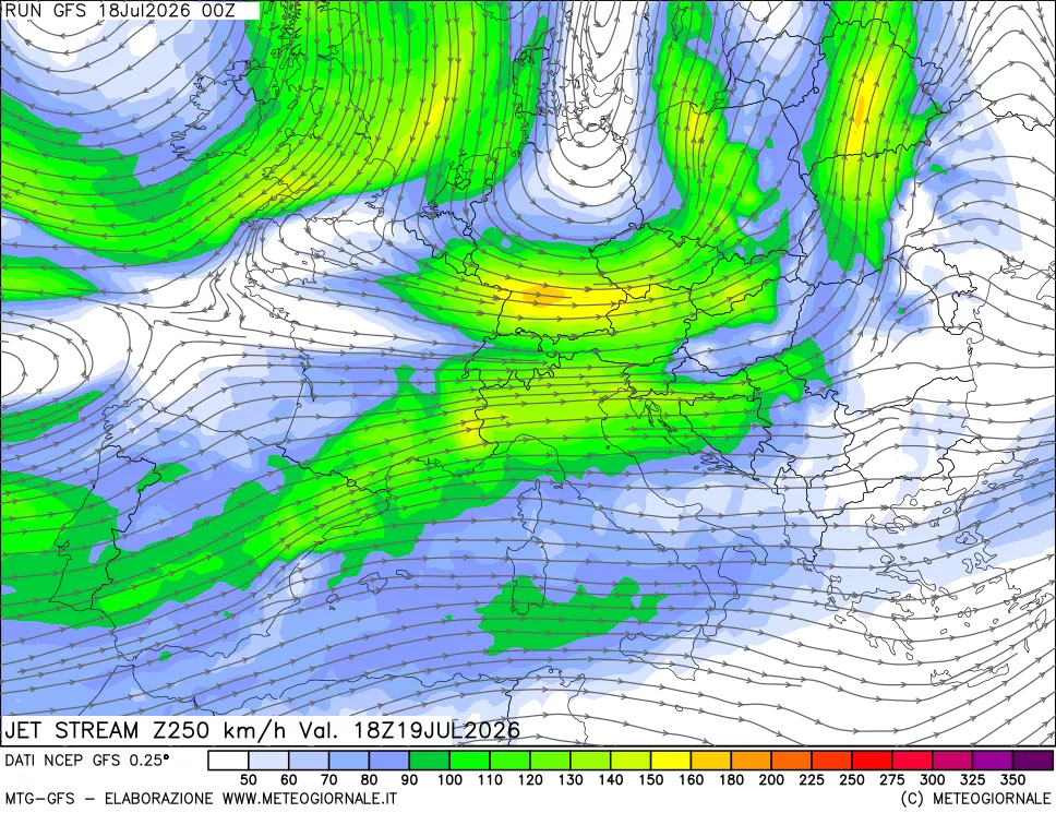 mappa 250 hPa Jet stream