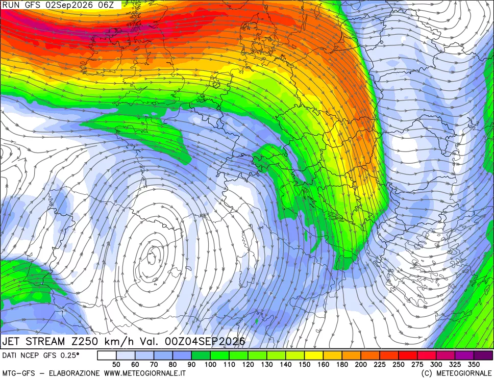 mappa 250 hPa Jet stream