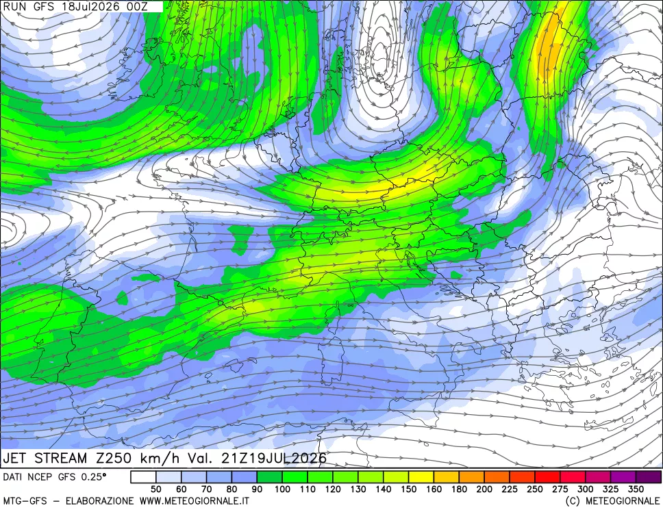mappa 250 hPa Jet stream