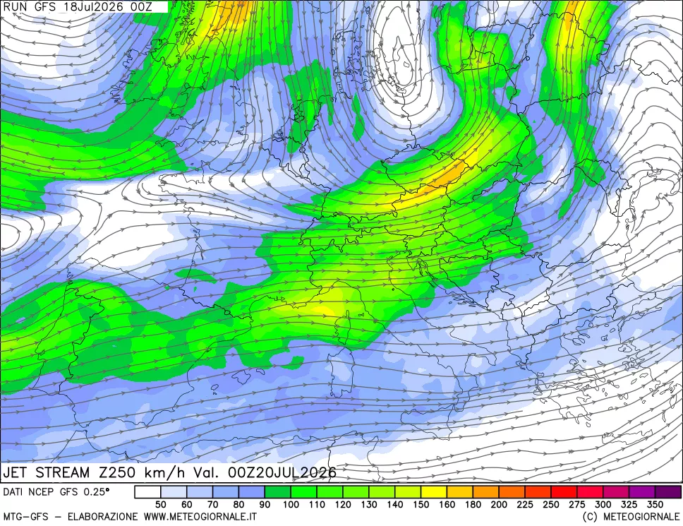 mappa 250 hPa Jet stream