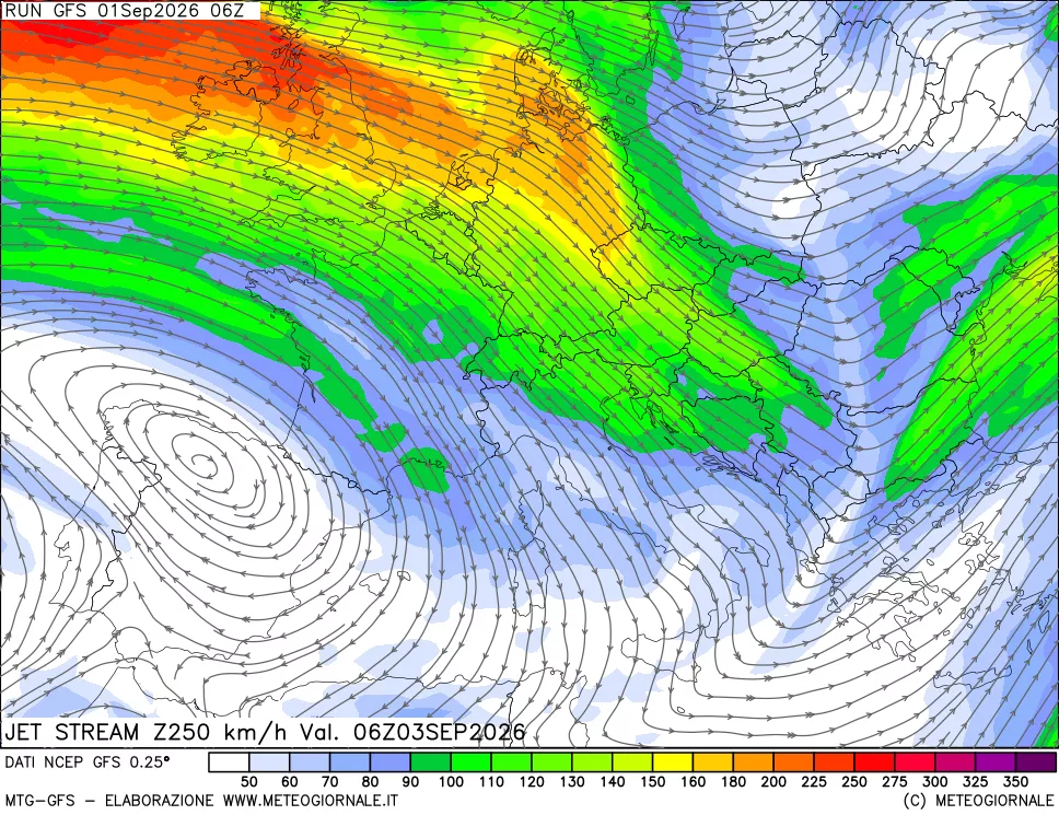 mappa 250 hPa Jet stream