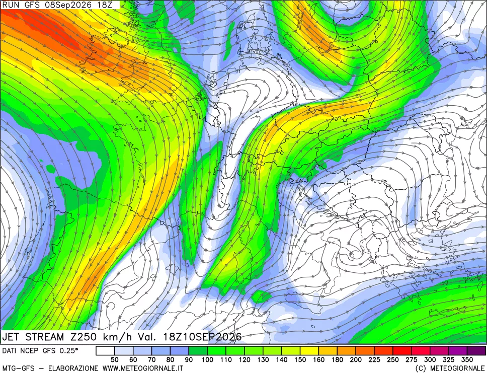 mappa 250 hPa Jet stream
