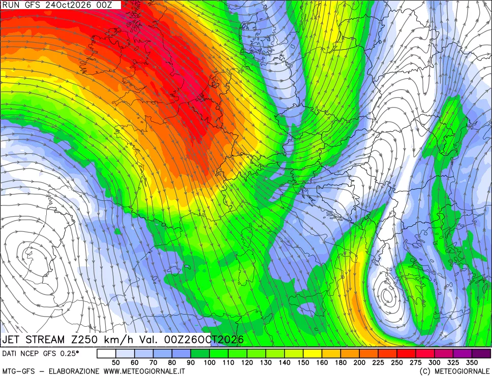 mappa 250 hPa Jet stream
