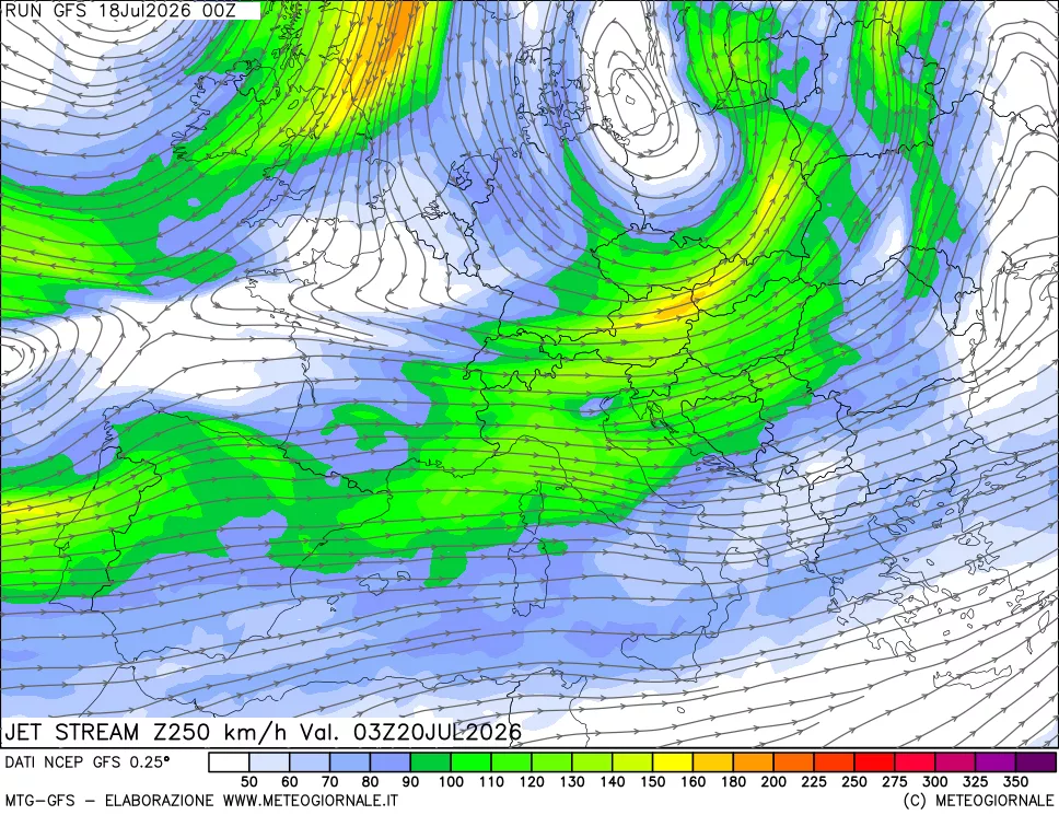 mappa 250 hPa Jet stream