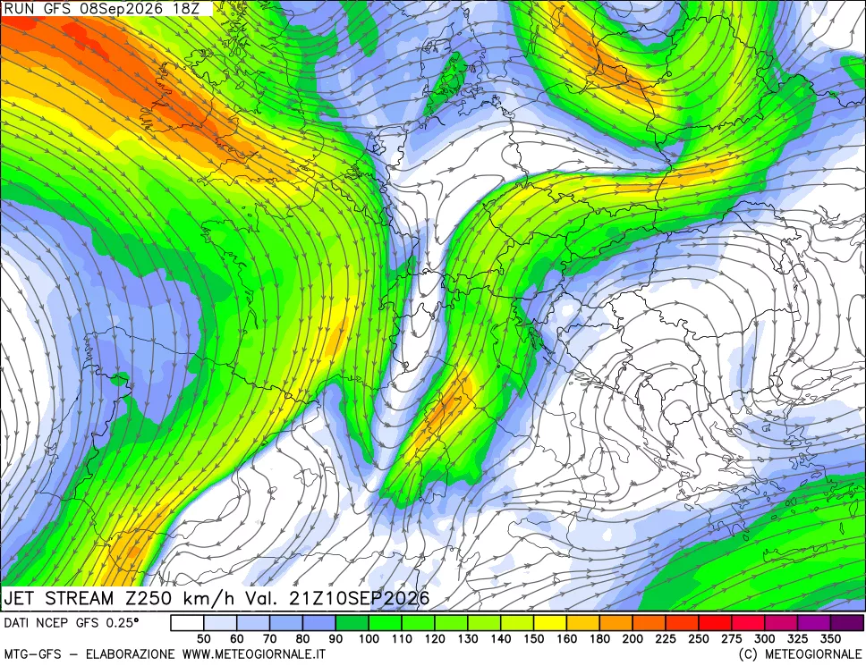 mappa 250 hPa Jet stream