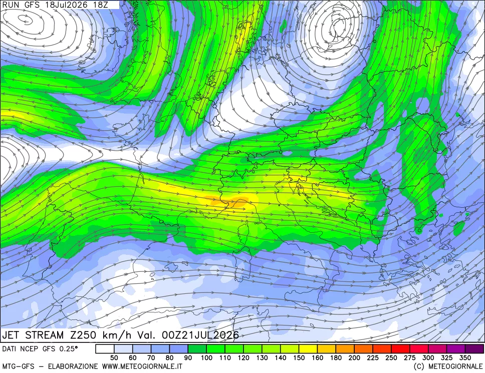mappa 250 hPa Jet stream