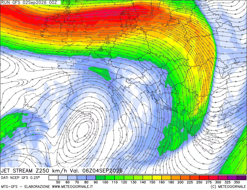mappa 250 hPa Jet stream