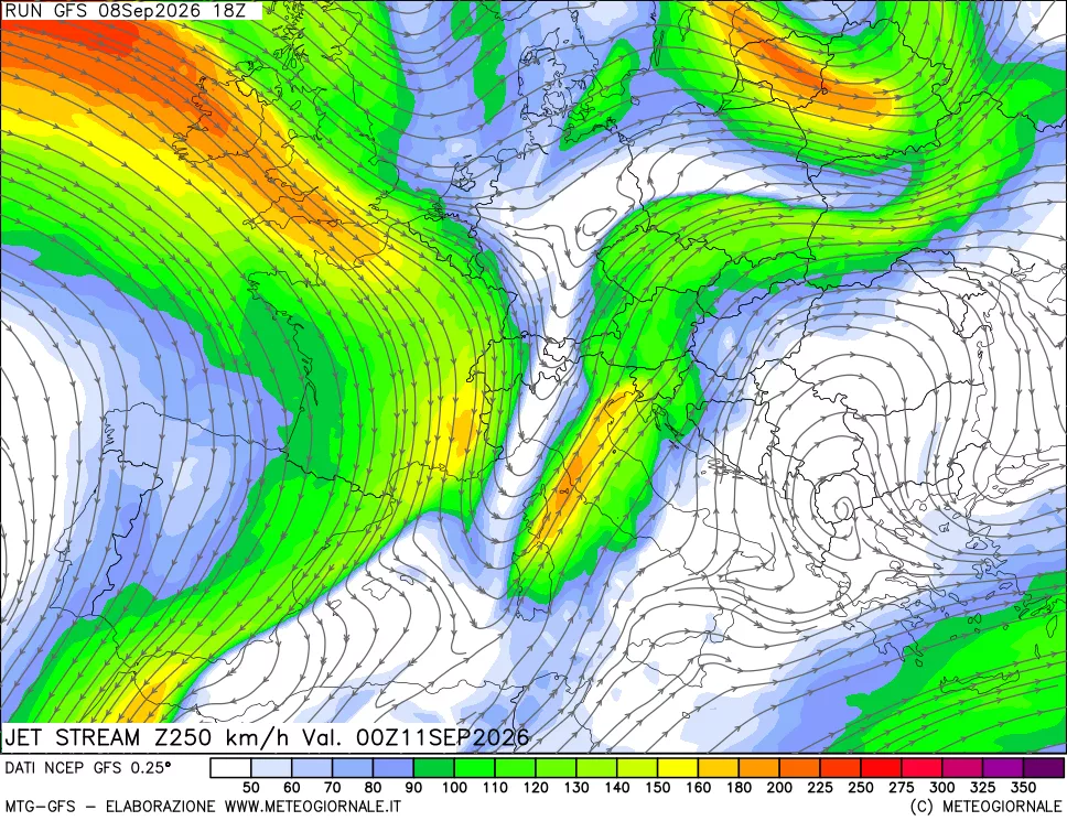 mappa 250 hPa Jet stream