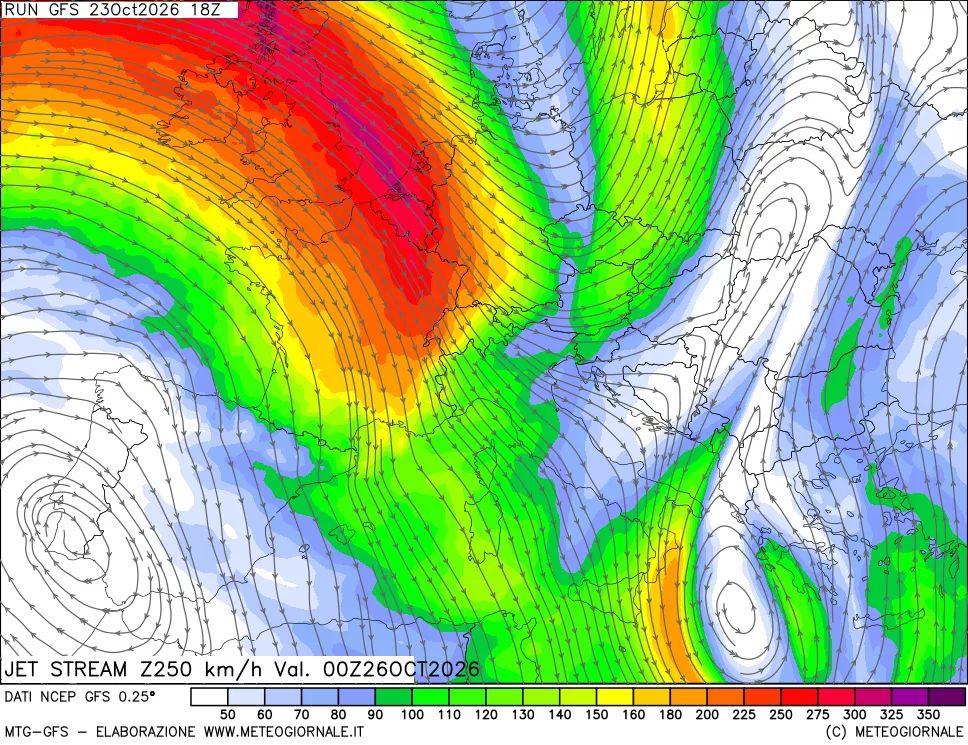 mappa 250 hPa Jet stream