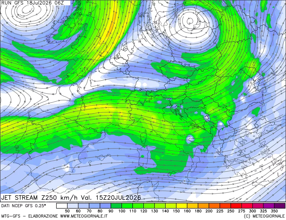 mappa 250 hPa Jet stream