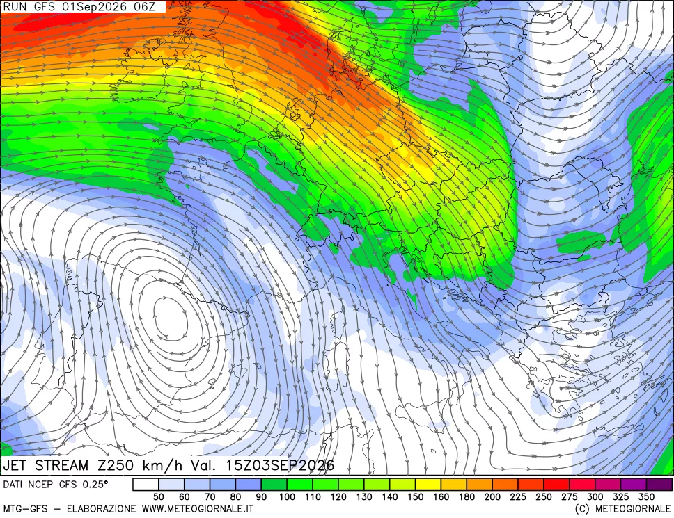 mappa 250 hPa Jet stream