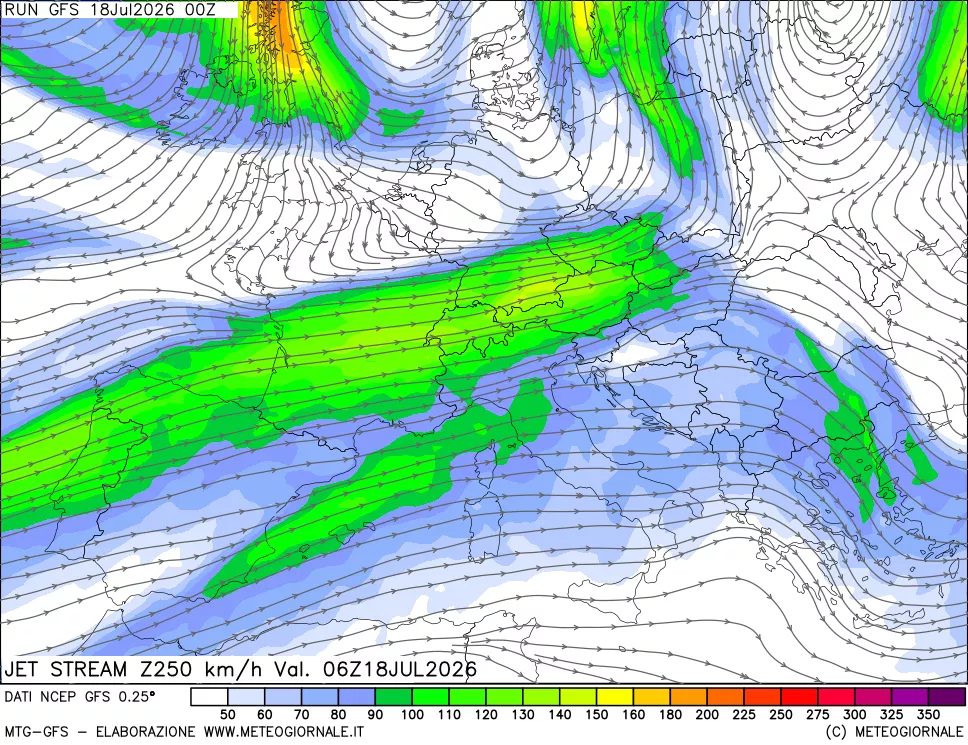 mappa 250 hPa Jet stream