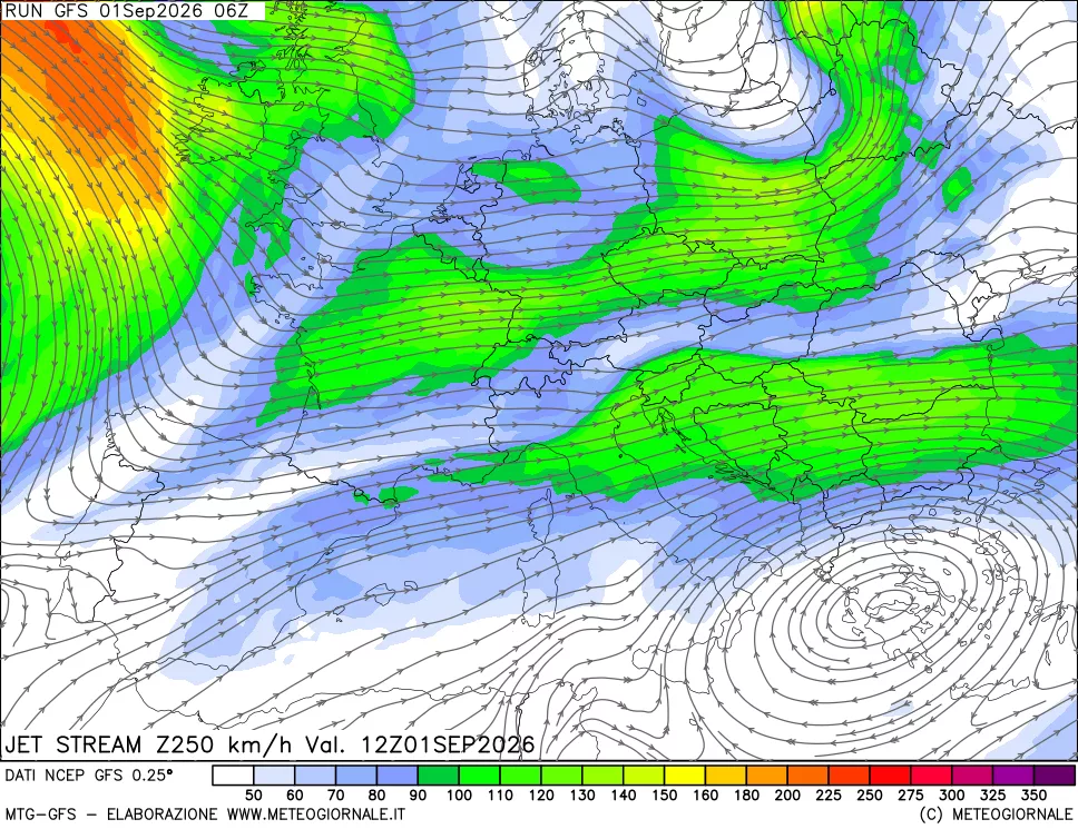 mappa 250 hPa Jet stream