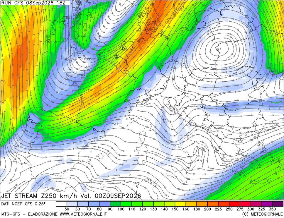 mappa 250 hPa Jet stream