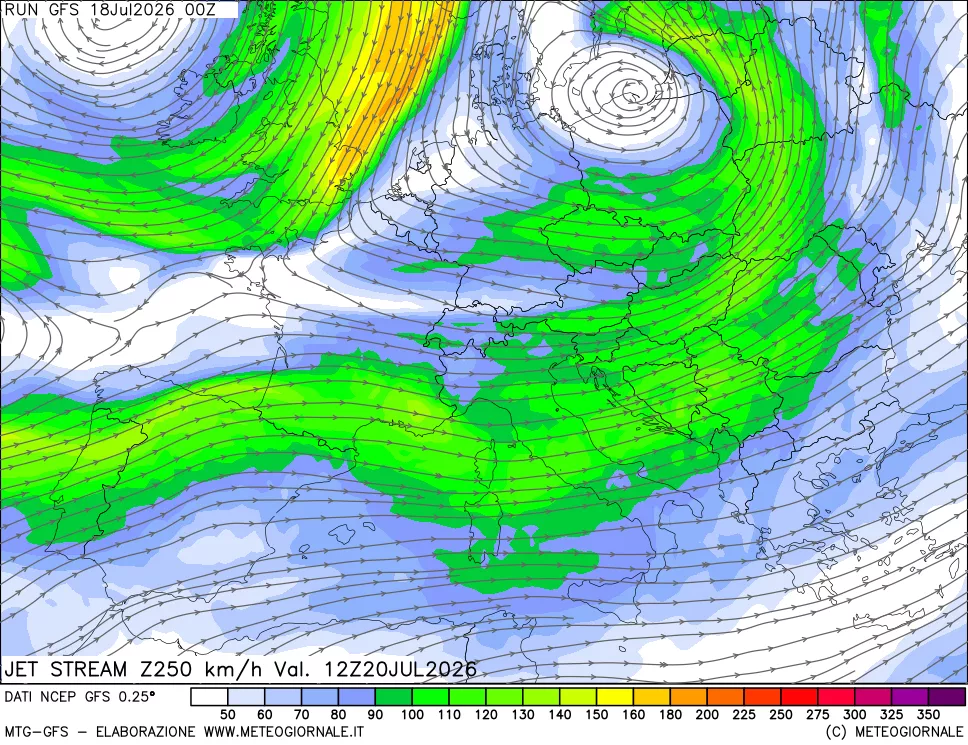 mappa 250 hPa Jet stream