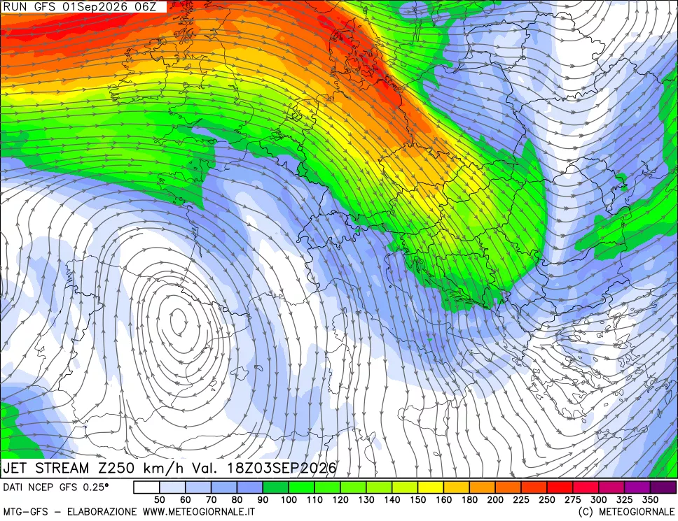 mappa 250 hPa Jet stream