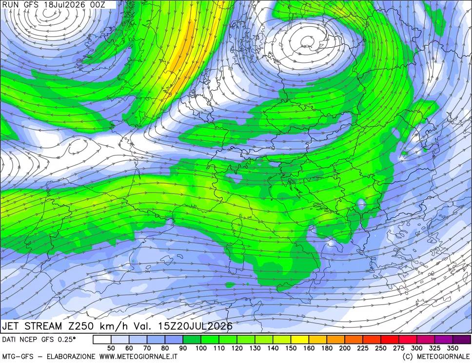 mappa 250 hPa Jet stream