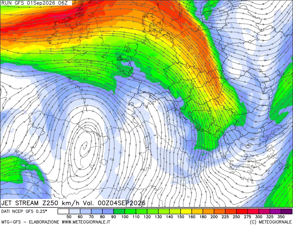 mappa 250 hPa Jet stream