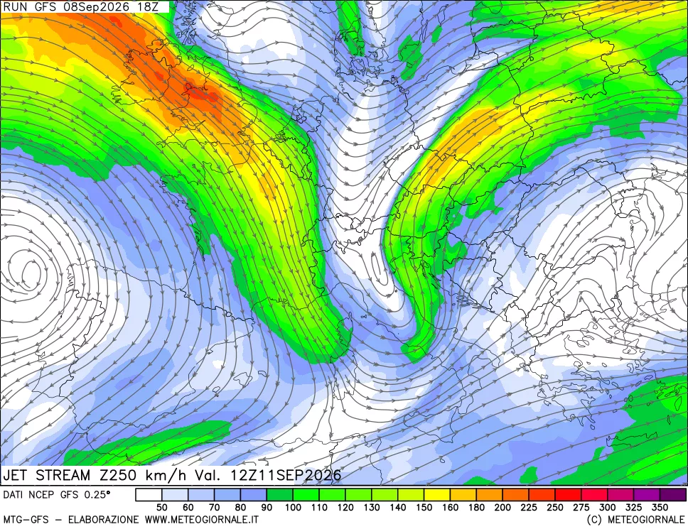 mappa 250 hPa Jet stream