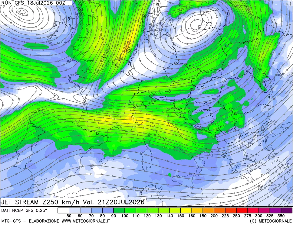 mappa 250 hPa Jet stream